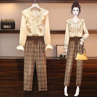 Ruffled Blouse / Plaid Harem Pants / Set