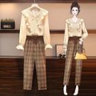 Ruffled Blouse / Plaid Harem Pants / Set