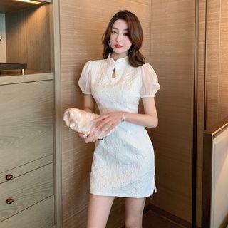 Puff-sleeve Mandarin Collar Mini Sheath Dress