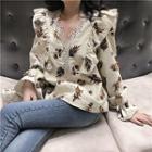 Floral Printed Long-sleeve Blouse Almond White - One Size