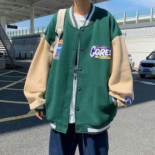 Two-tone Lettering Print Baseball Jacket