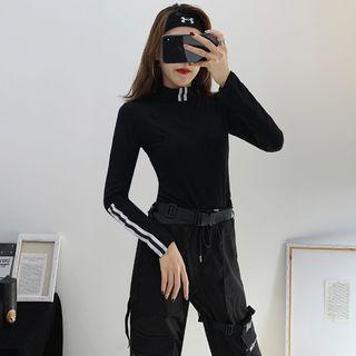 Mock-neck Striped T-shirt Black - One Size