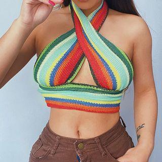 Halter Crisscross Color Block Crop Tank Top