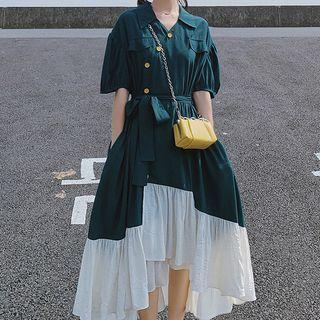 Short-sleeve Collared Two-tone Midi A-line Dress
