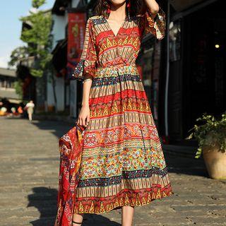 3/4-sleeve V-neck Tribal Pattern Midi A-line Dress