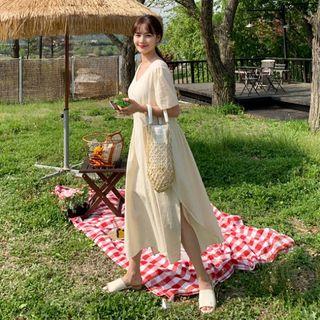 V-neck Tie-waist Dress Beige - One Size