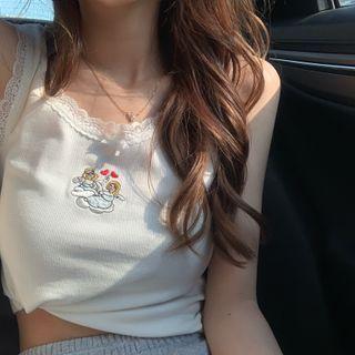 Lace-trim Cartoon Embroidered Top