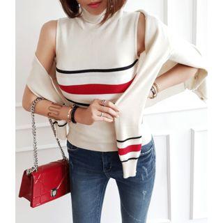 Set: Turtle-neck Contrast-trim Top + Round-neck Cardigan