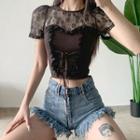 Lace-up See-through Short Sleeve Tie-front Cropped T-shirt