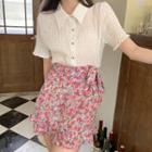 Short-sleeve Blouse / Floral A-line Skirt
