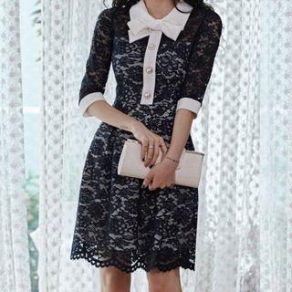 Elbow-sleeve Collared A-line Lace Dress