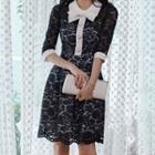 Elbow-sleeve Collared A-line Lace Dress