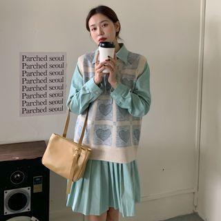 Tie-neck Pleated Midi A-line Dress / Heart Print Sweater Vest