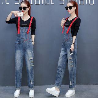 Set: Long-sleeve T-shirt + Distressed Denim Jumper Pants