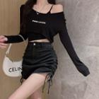 Long-sleeve Lettering Cropped T-shirt / Drawstring Mini Denim Pencil Skirt / Cropped Camisole Top / Set
