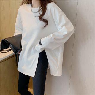 Slit-hem Fleece-lined Plain T-shirt
