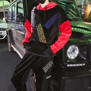 Set: Color Block Lettering Velvet Hoodie + Jogger Pants