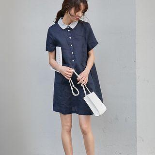 Short-sleeve Collared Linen Dress