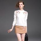 Set: Embroidered Long-sleeve Knit Top + Mini Skirt
