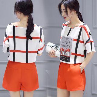 Set: Lipstick Print Check Short-sleeve Top + Shorts