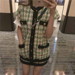 Tweed Contrast Trim Short-sleeve Button Jacket / Mini A-line Skirt