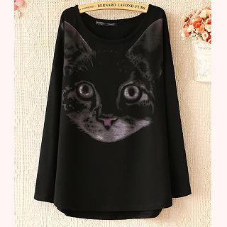 Long-sleeve Cat-print Top