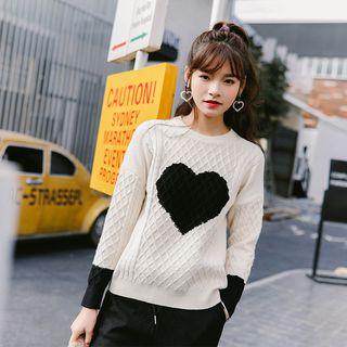 Heart Print Cable Knit Sweater