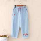 Strawberry Embroidered Cropped Straight Leg Jeans Light Blue - One Size