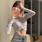 Long-sleeve Off-shoulder Drawstring Crop Top Purple - One Size