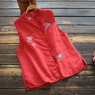 Floral Embroidered Frog-buttoned Vest