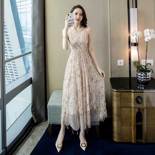 Spaghetti Strap Sequined Midi A-line Mesh Dress