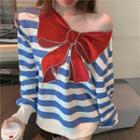 Bow Embroidered Striped One-shoulder Pullover Stripes - Blue & White - One Size