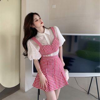 Two Tone Plaid Tank Top / Plain Oversize Top / High-waist Plaid Mini Skirt