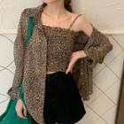 Set: Leopard Print Shirt + Cropped Camisole Top Set - Shirt & Camisole Top - Khaki & Black - One Size