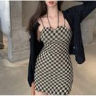 Halter-neck Checker Print Sheath Dress / Cardigan