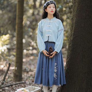 Set: Long-sleeve Frog Buttoned Top + Midi Skirt