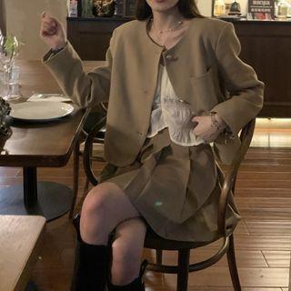 Long-sleeve V-neck Blouse / Cropped Button Jacket / Pleated Mini A-line Skirt