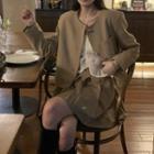Long-sleeve V-neck Blouse / Cropped Button Jacket / Pleated Mini A-line Skirt