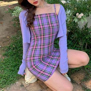 Plain Cropped Cardigan / Plaid Sleeveless Dress