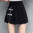 Frog Button Pleated Mini A-line Skirt