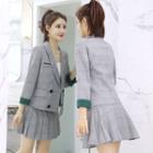 Set: Plaid Asymmetric Blazer + Pleated Skirt