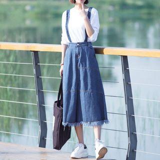 Frayed Hem Denim Suspender Skirt