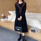 Puff-sleeve Shirred Midi A-line Dress / Knit Shawl