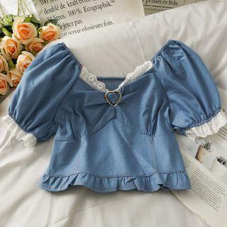 Boatneck Lace-trim Ruffled Crop Top