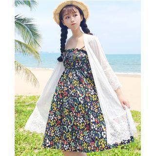 Set: Lace Light Jacket + Floral Print Spaghetti Strap Dress