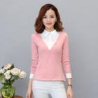Mock Two-piece Long-sleeve Collared Top