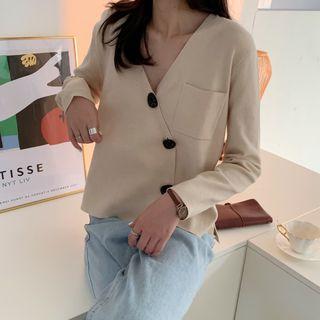 Pocket-front Asymmetric Button Knit Cardigan