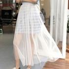 Set: Elbow-sleeve Striped T-shirt + Mesh Midi A-line Skirt