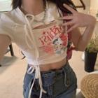 Short-sleeve Cutout Cat Print Cropped T-shirt