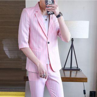 Set: Elbow-sleeve Single-breasted Striped Blazer + Dress Pants